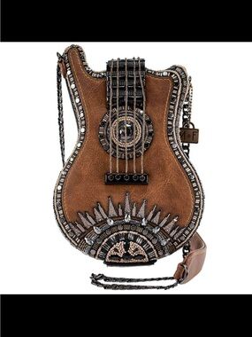 Mary Frances Open Mic Beaded  Brown Guitar-Shaped Crossbody Bag BNWT